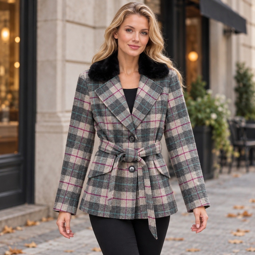Jessie Plaid Wool Blend Belted Coat Rabbit Fur Collar Women's 10 Gray
